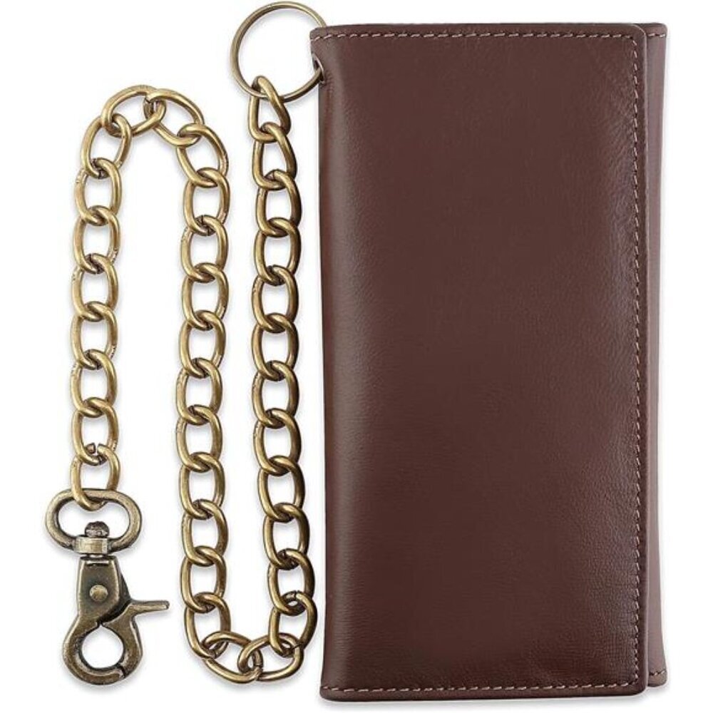 Men's Tri-fold Long Style Cowhide crazy horse Leather Steel Chain Wallet